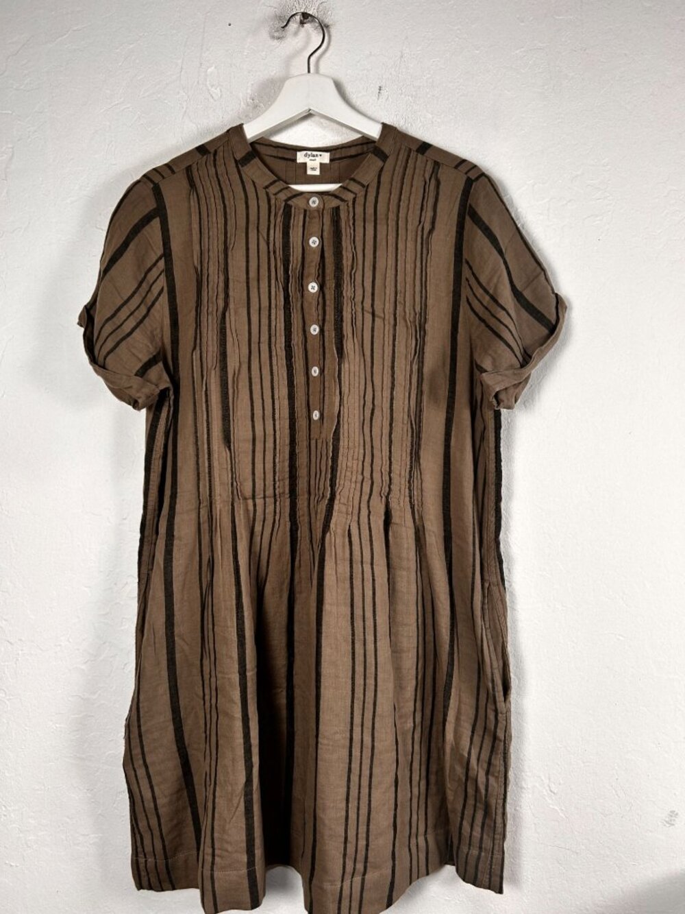 Dylan Womens Brown Striped Pintuck Crinkle Cotton Mini Shirt Dress Small NWOT